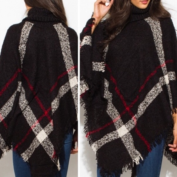 Navy knit turtleneck nubby weave plaid poncho NEW - Picture 2 of 6